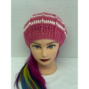 Beanie Hat Slouch Cap Child Kid Girls Hot Pink With White Stripe Handmade